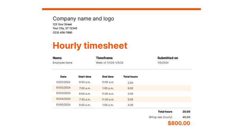 Screenshot of Zapier's hourly timesheet template showing how start and end times and total hours worked in one week