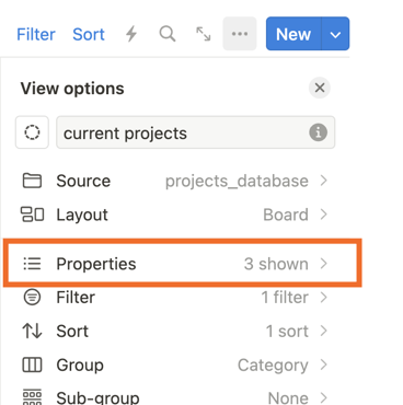 Screenshot of the view options in a Notion database, with "Properties" circled