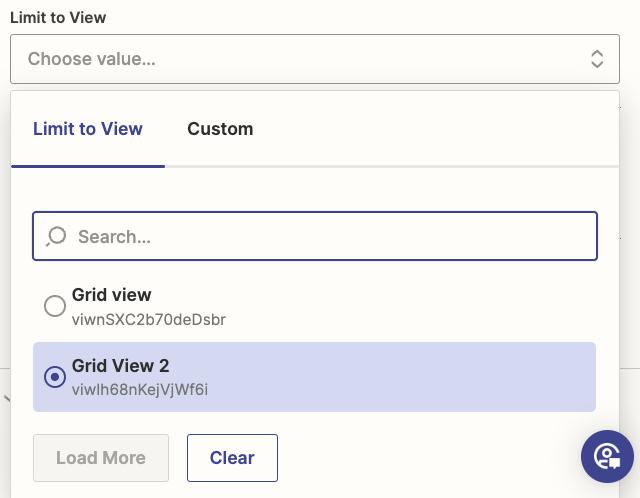 Grid View 2 has been selected in the Limit to View field in an Airtable trigger step in the Zap editor.