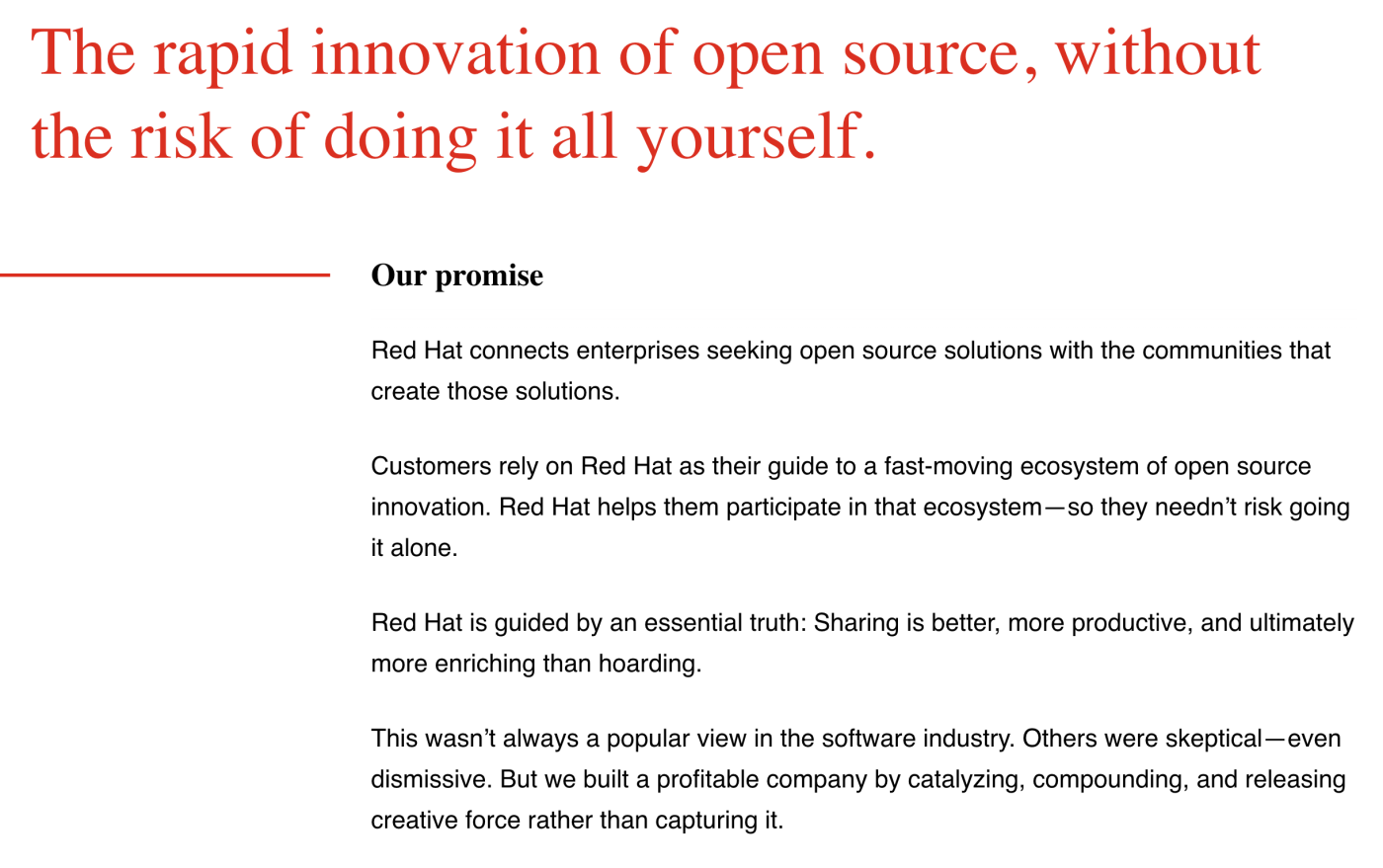 Screenshot of Red Hat's promise 