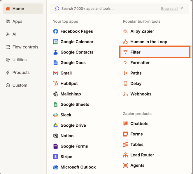 A screenshot of the filter step setup in the Zapier editor.