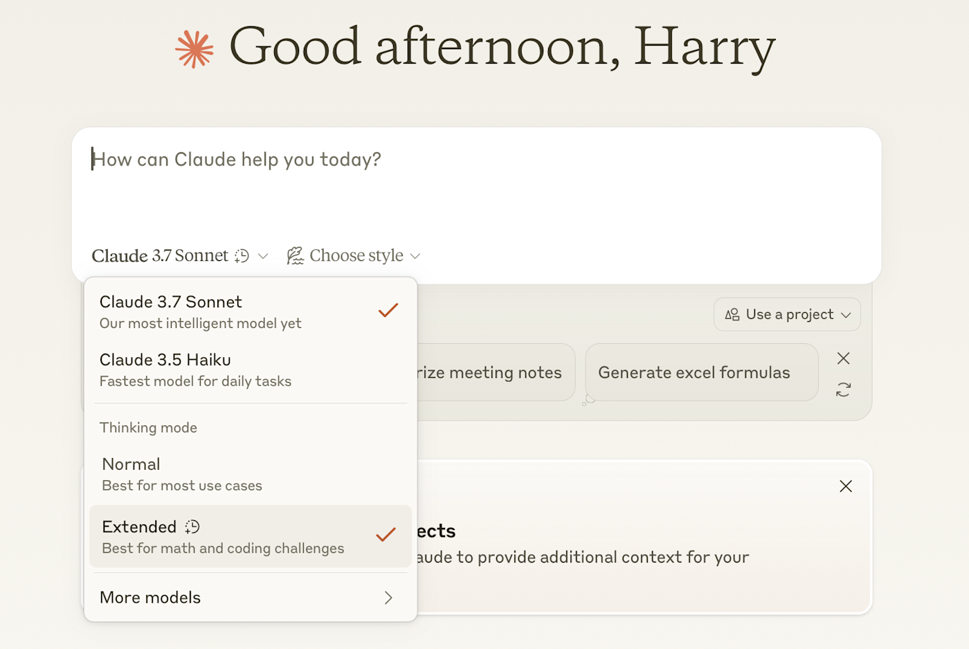 The Claude models dropdown showing an AI reasoning model