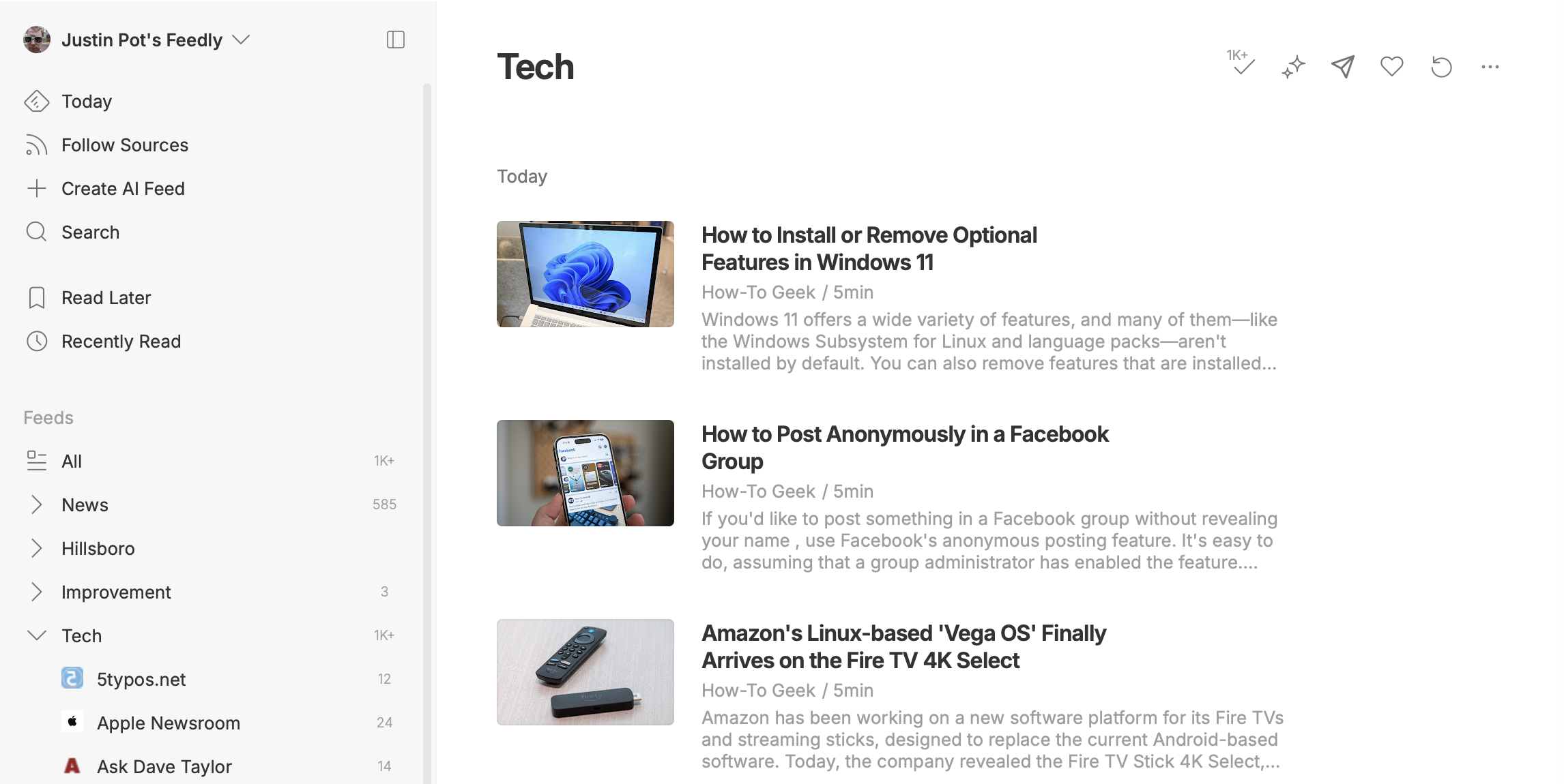 Feedly, our pick for the best productivity app for reading RSS feeds. 