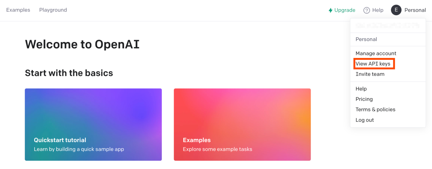 Screenshot of where to find OpenAI keys