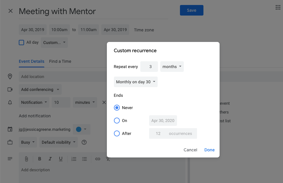 Screenshot of a Google Calendar recurring meeting