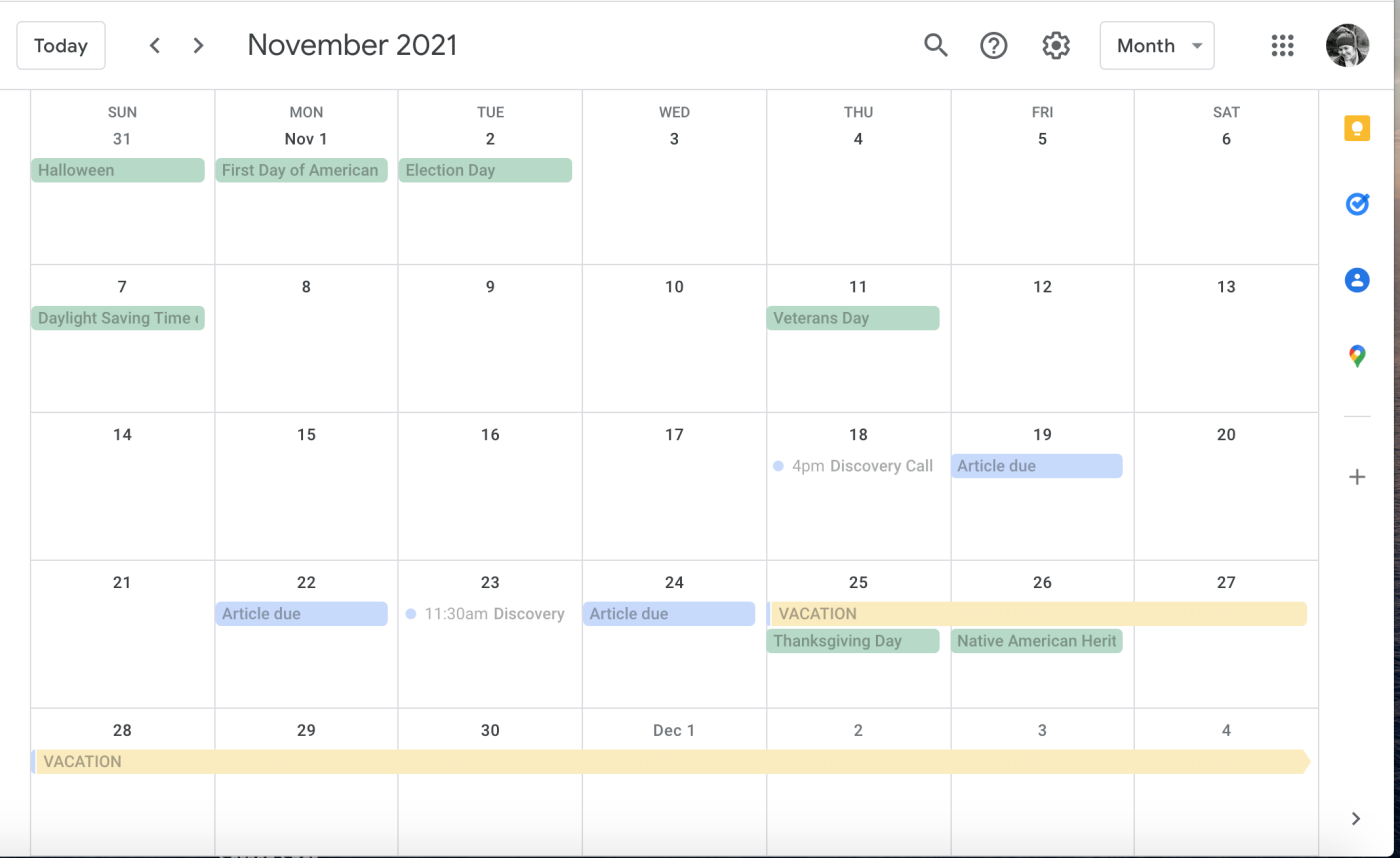 A screenshot of a calendar with vacation blocked off