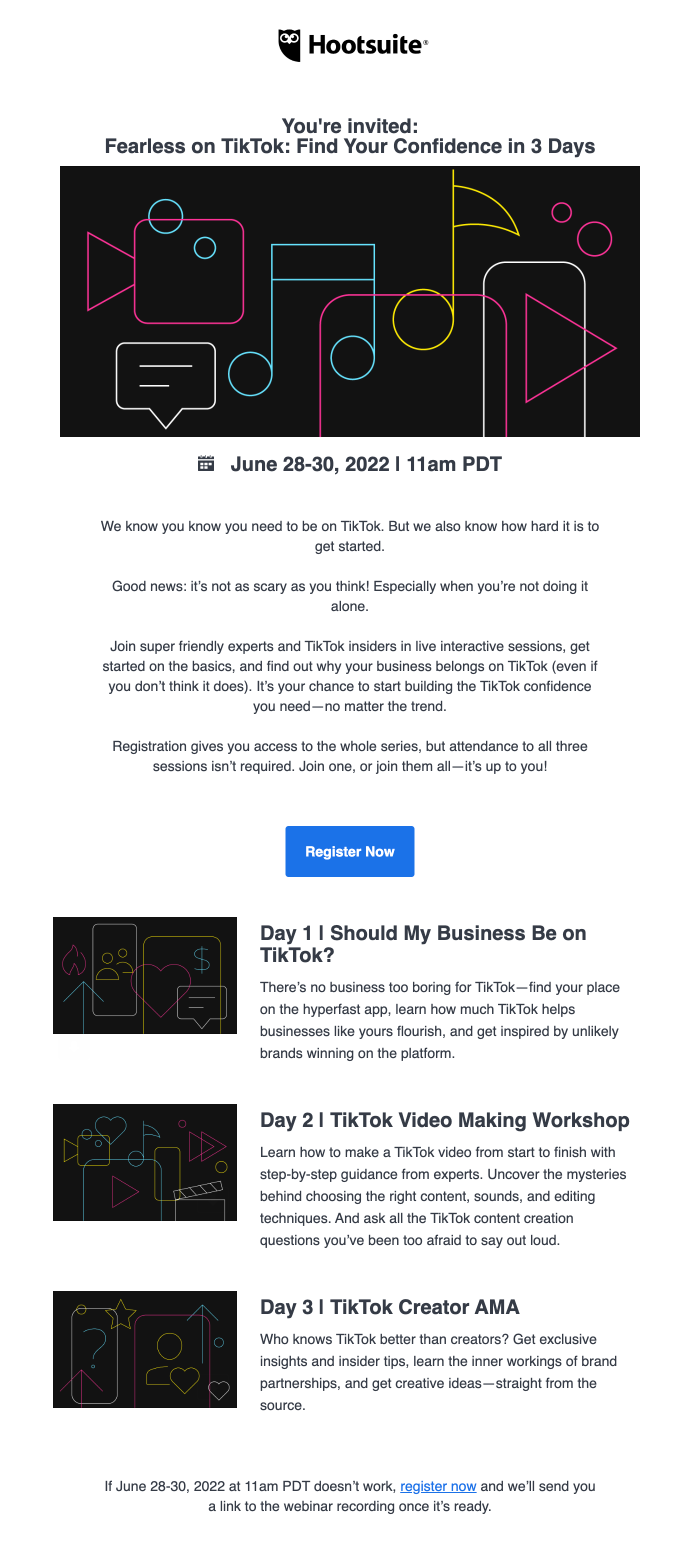 An email from Hootsuite about a webinar series they're hosting, with links to each webinar in the series