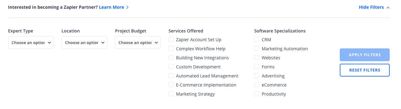 A screenshot of the Zapier Expert directory, showing fields for filters like the type of expert, location, budget, services, and software specialization.