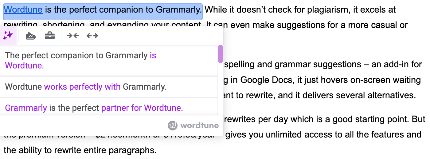 A ferramenta de reformulação do Wordtune oferece várias alternativas para uma frase