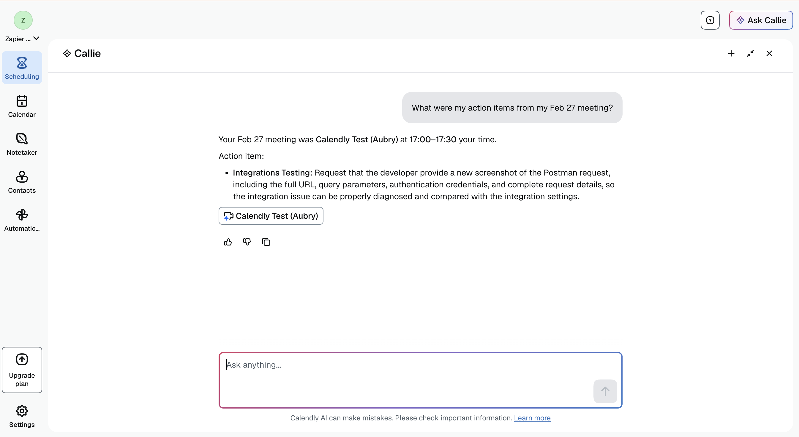 Chat with Callie, Calendly's AI assistant.