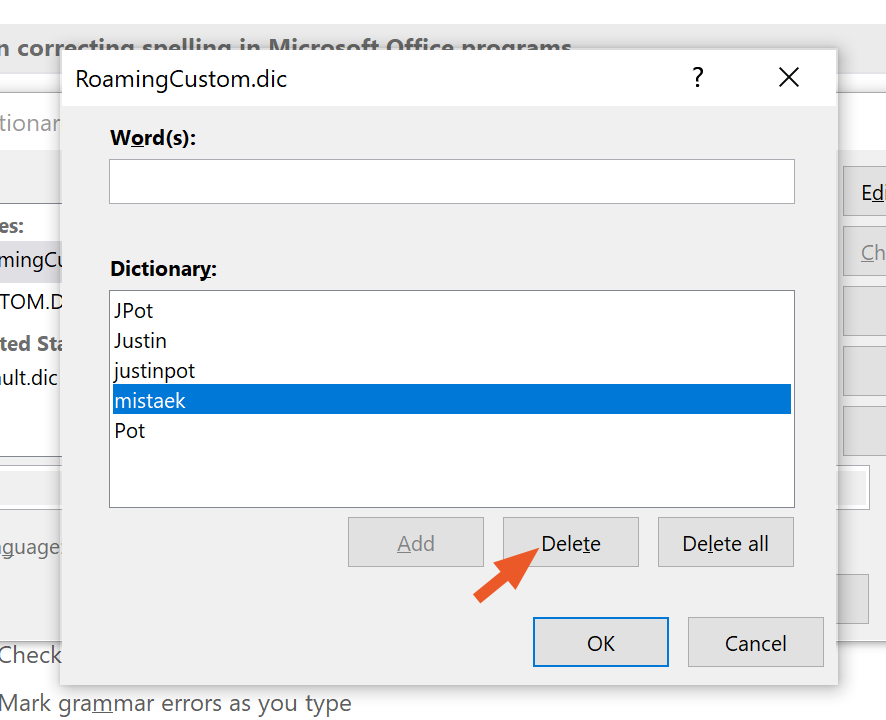 Removing words in Microsoft Office
