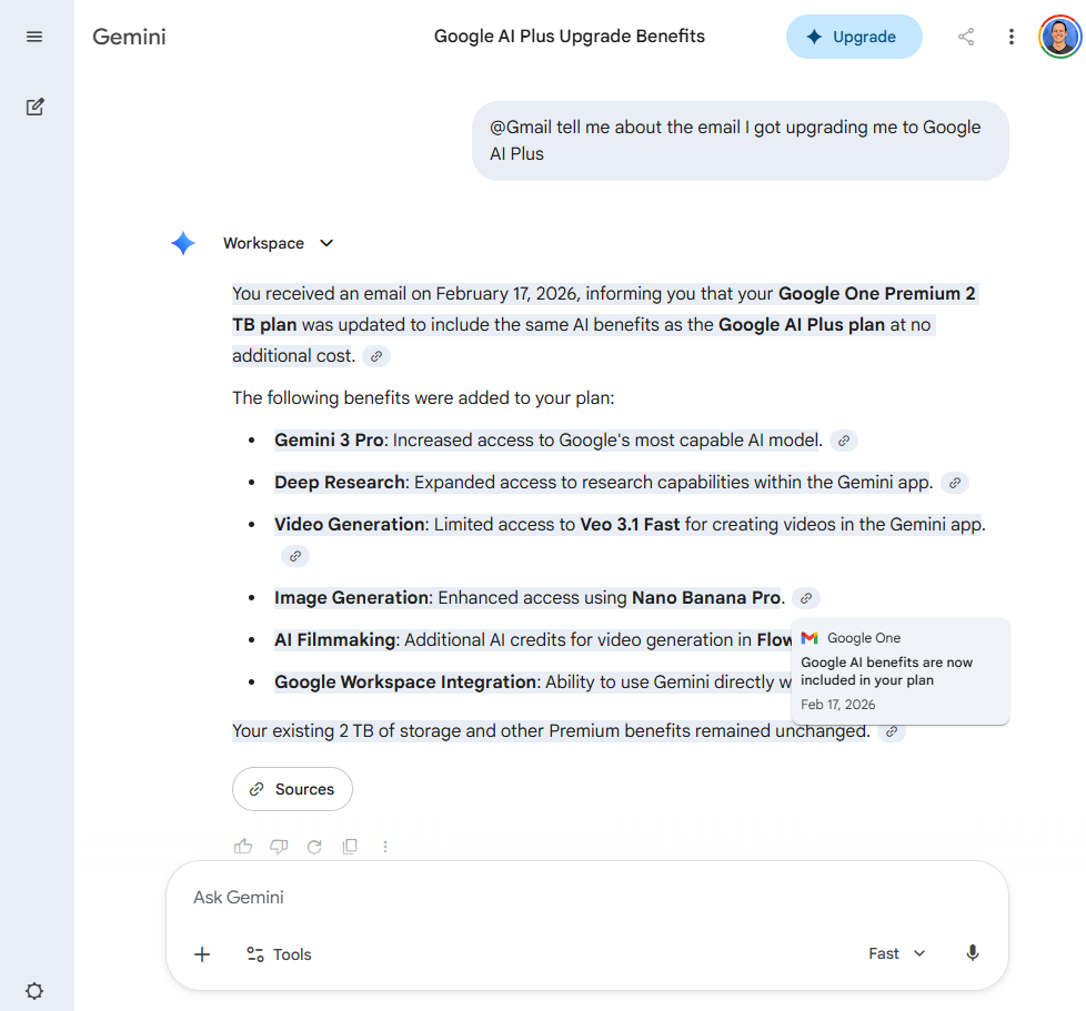 Response from Gemini which includes a link to a file stored in Google Drive. 