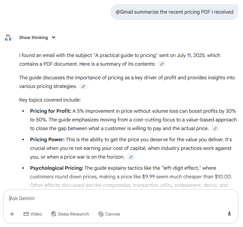 Response from Gemini which includes a link to a file stored in Google Drive.