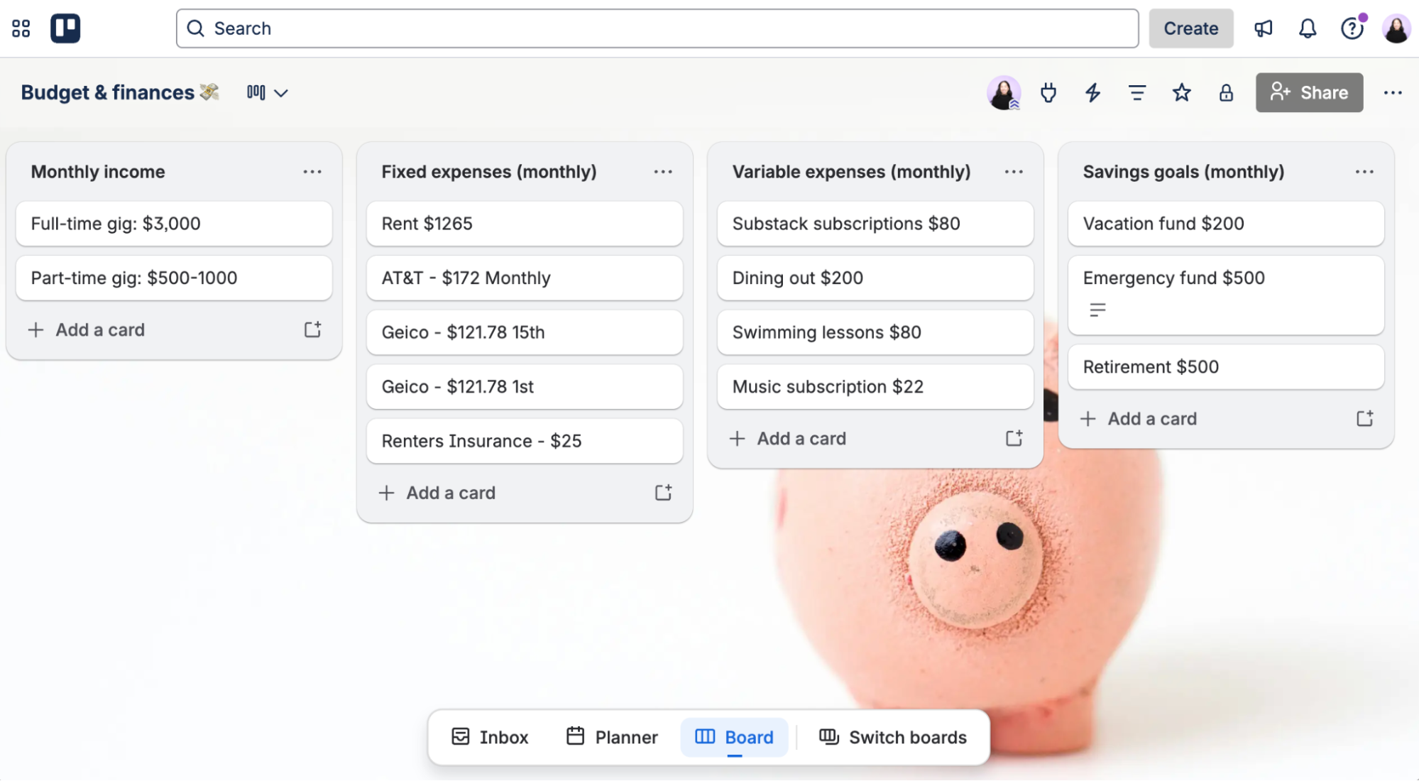 Trello board example for financial tracking.