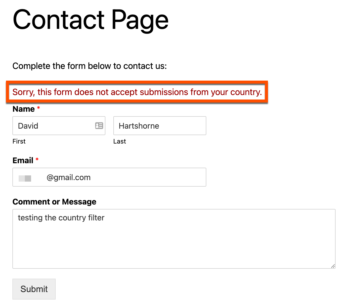 The country filter in action in WPForms