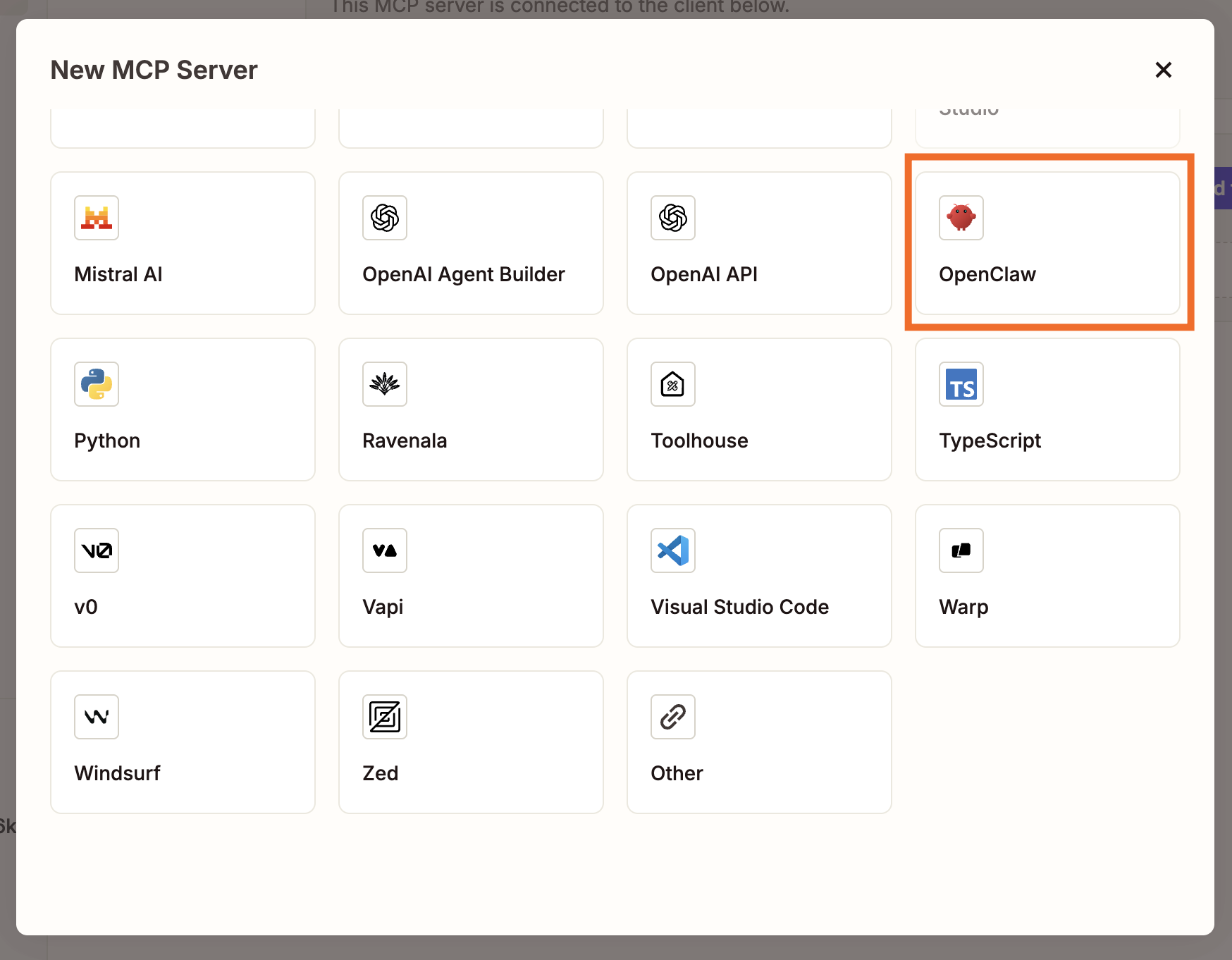 Under New MCP Server, an orange box is shown around OpenClaw