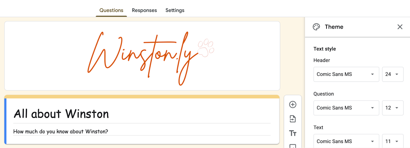 Portion of the Theme pane in Google Forms. The text style for the header, question, and text are all set to Comic Sans MS.