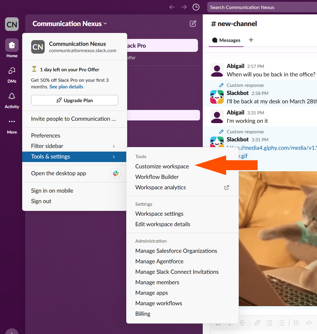 Screenshot of where to find the customize workspace menu in Slack