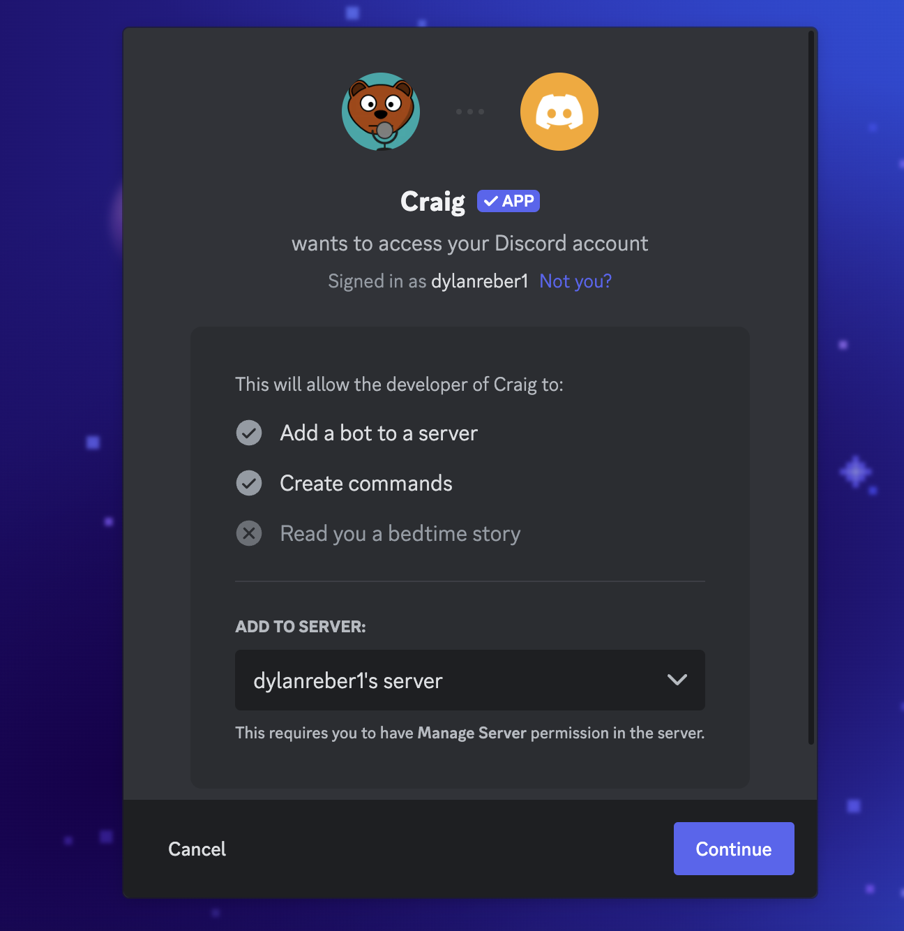 Screenshot showing how to give Craig access to Discord