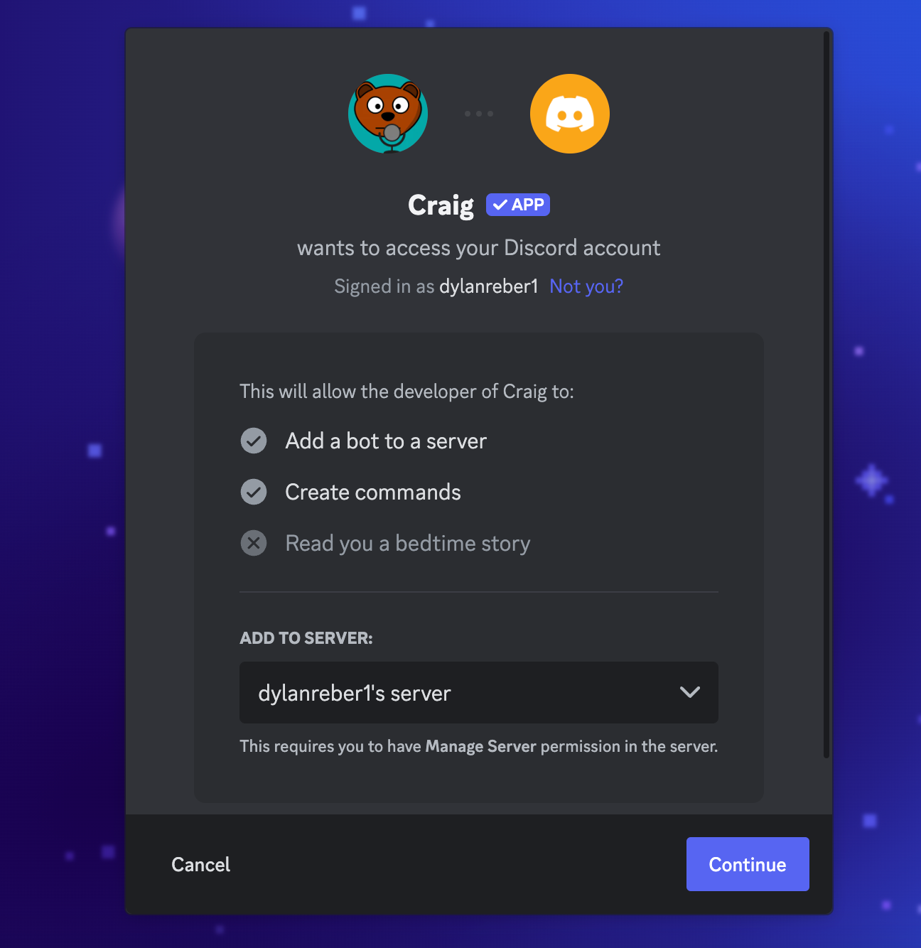 Screenshot showing how to give Craig access to Discord