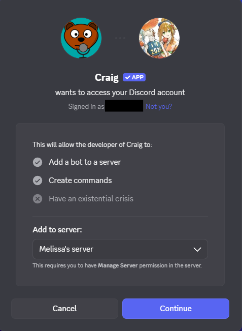 Screenshot showing how to give Craig access to Discord