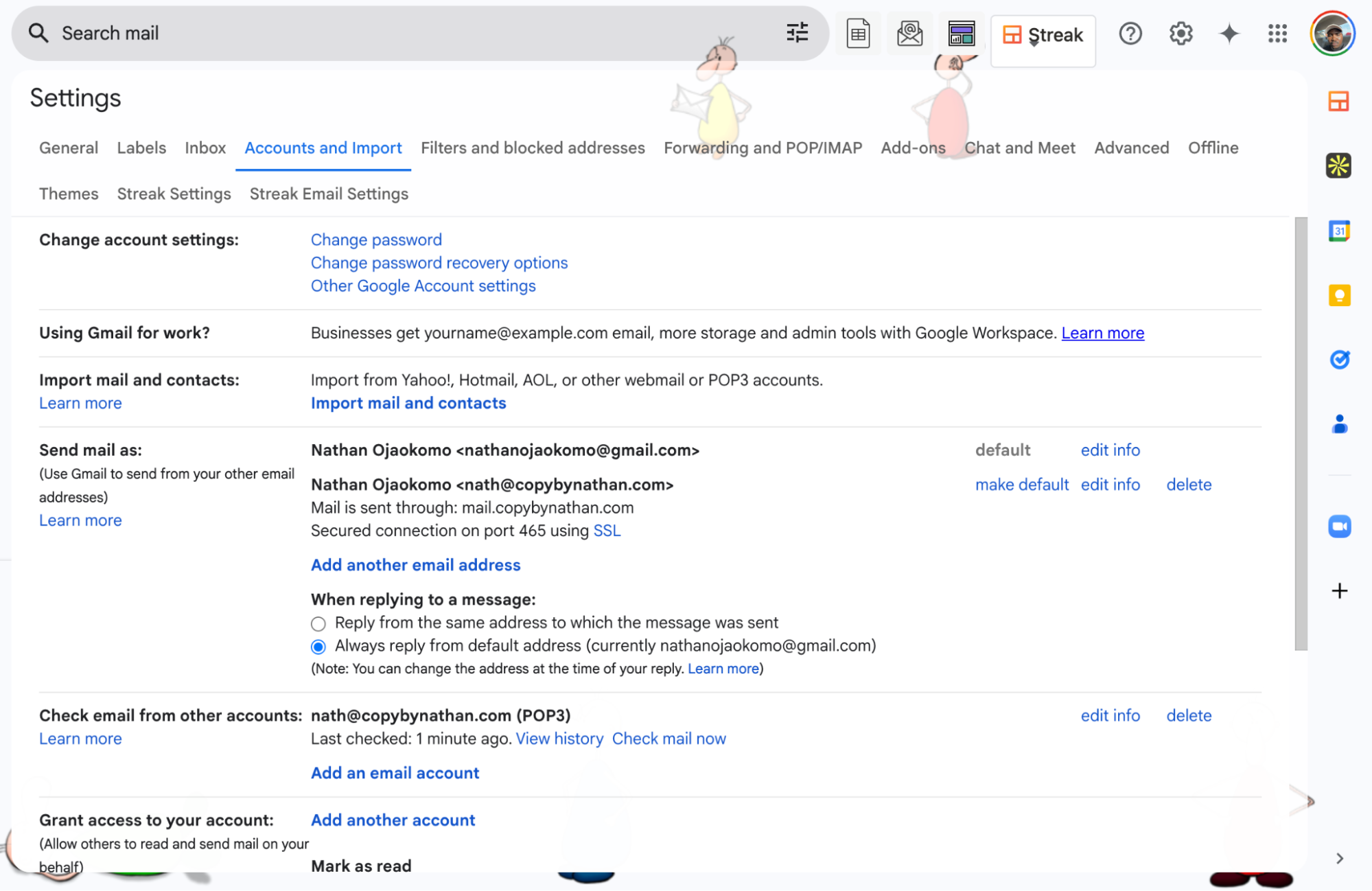 The Accounts and Import settings in Gmail