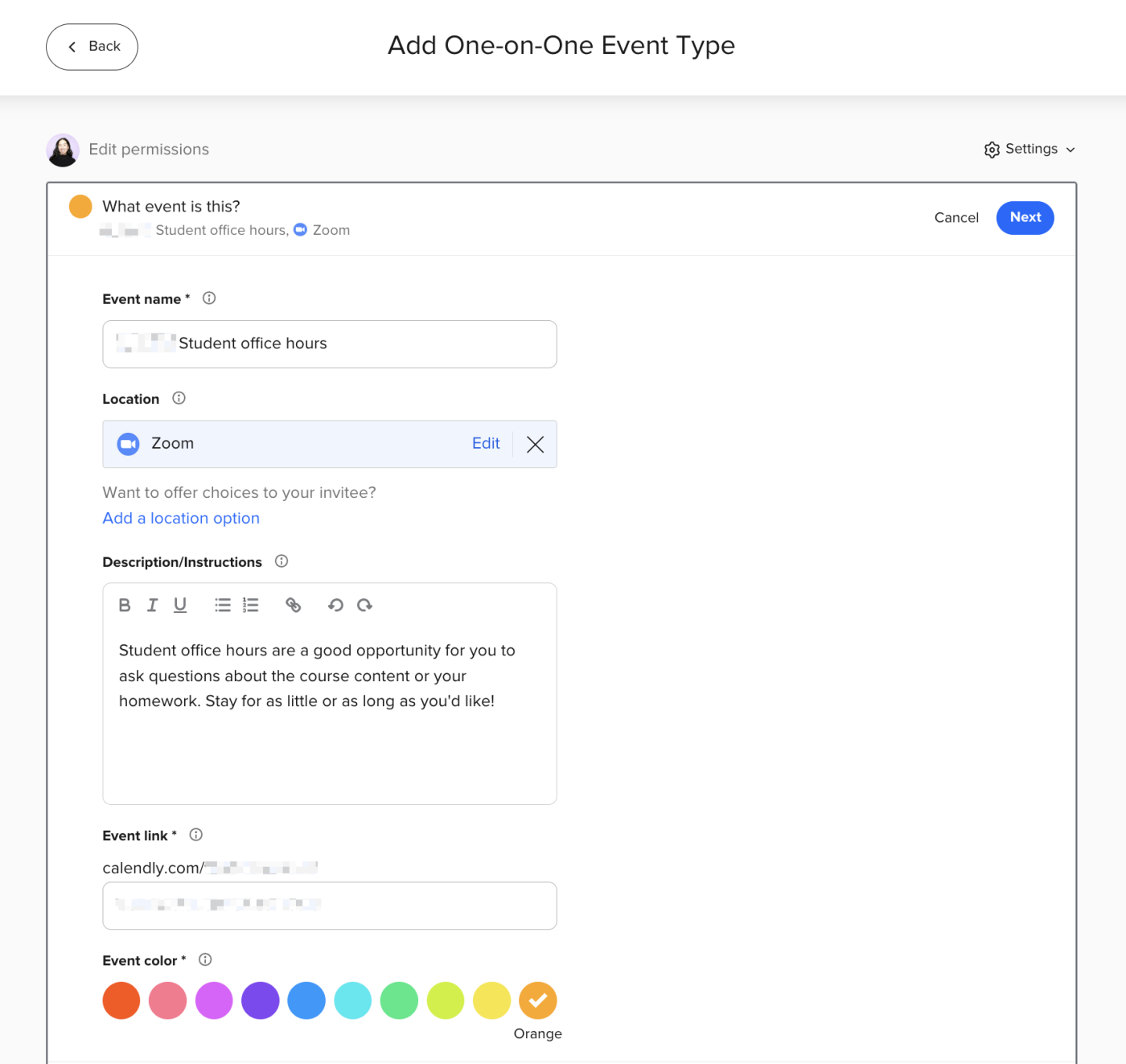 How to edit the meeting details for a one-on-one event type in Calendly.