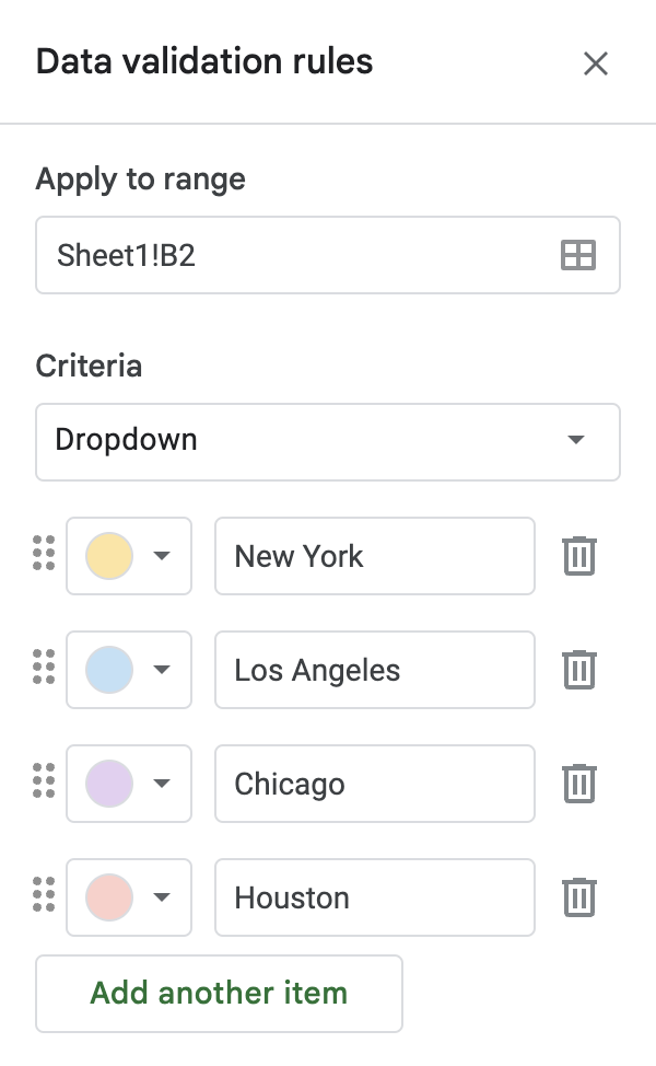 Creating the data validation rules for a dropdown list in Google Sheets.