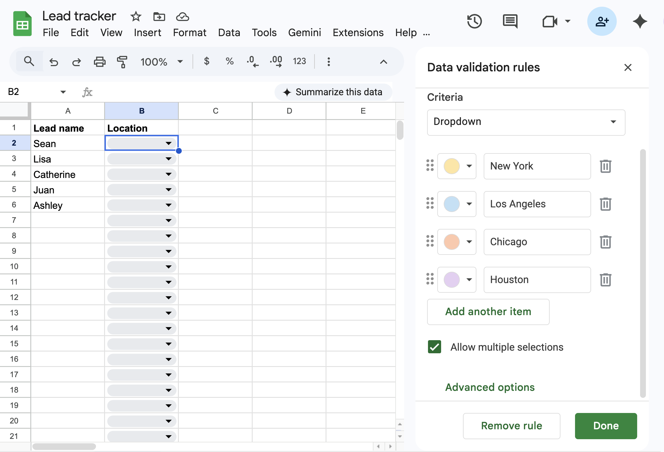 Creating the data validation rules for a dropdown list in Google Sheets.