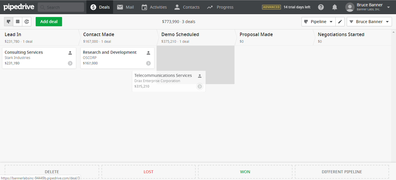 Dragging activities in Pipedrive CRM