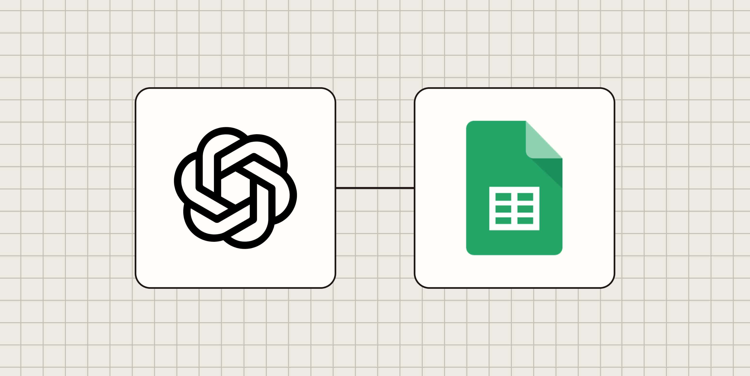 A hero image of the Google Sheets app logo connected to the ChatGPT app logo on a light blue background.