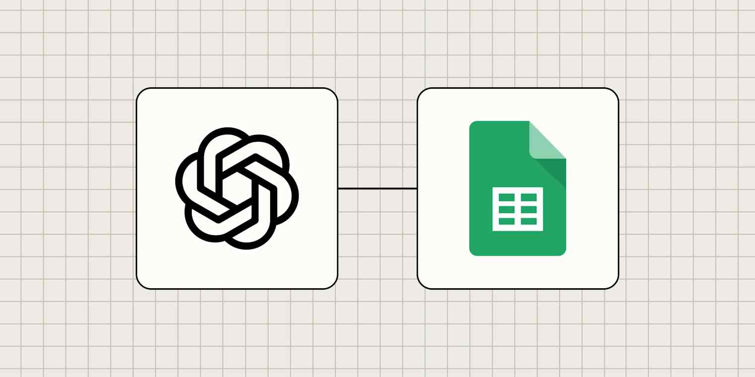 A hero image of the Google Sheets app logo connected to the ChatGPT app logo on a light blue background.