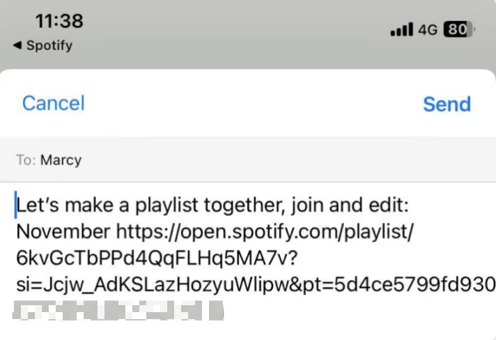 Example of a pre-generated message with a link to collaborate on a playlist in Spotify. 