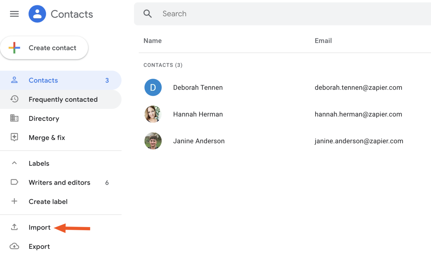 Import button in Google Contacts