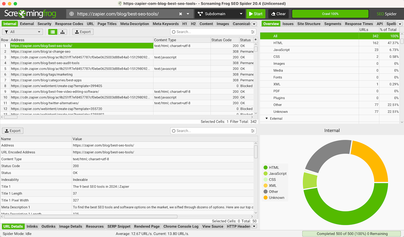 Screenshot of Screaming Frog SEO Spider's interface