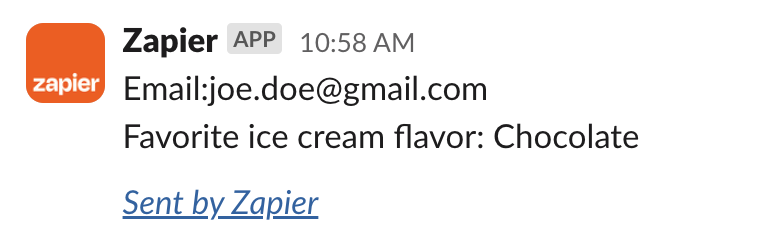 A Slack message that shows responses to a Google Form, including an email address and the answer to "Favorite ice cream flavor". 