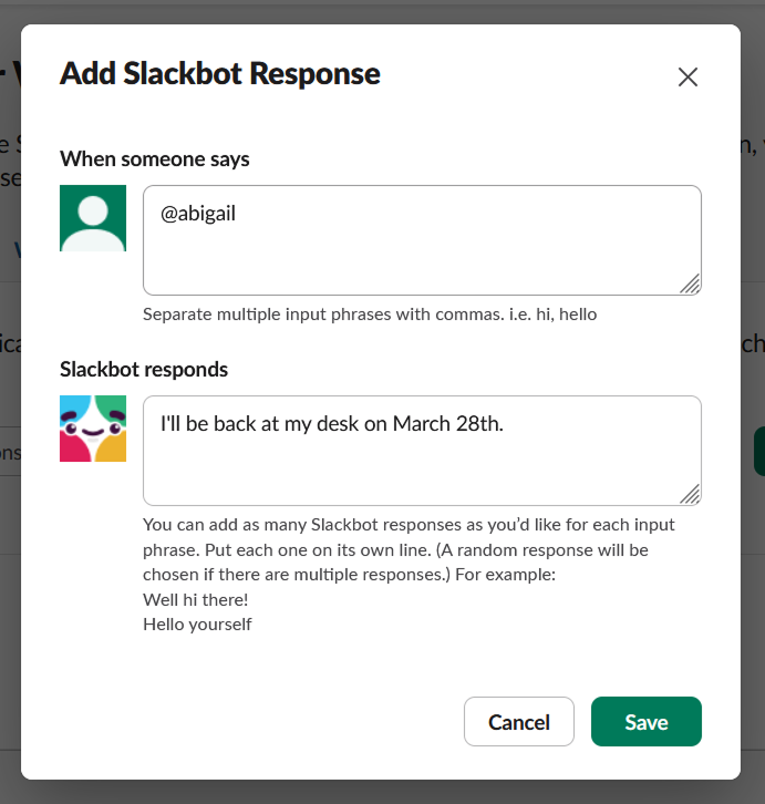 Typing a Slack handle into the auto response screen
