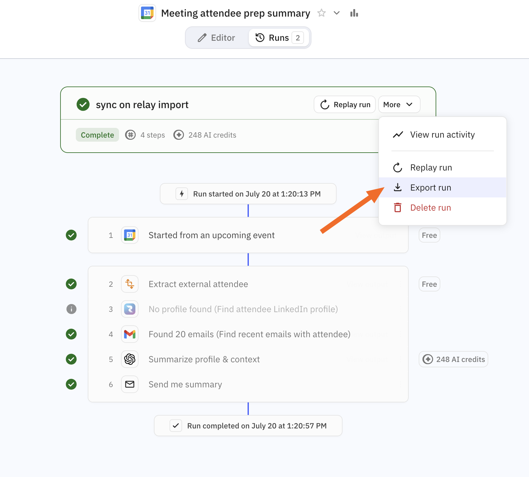 Exporting an individual run from a Relay workflow