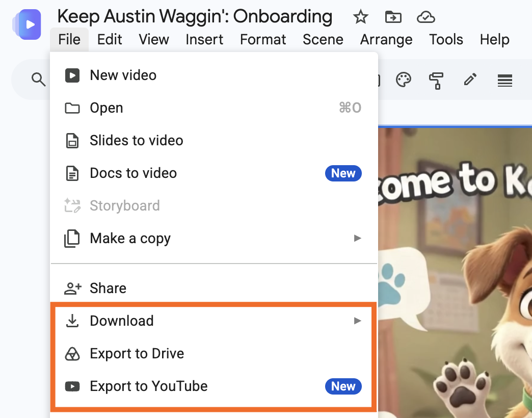 Expanded view of the file menu in Google Vids with different options to download and export highlighted. 