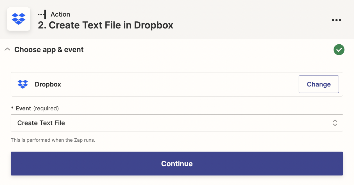 The Dropbox app has been selected as the action app with Create Text File selected in the Event dropdown.