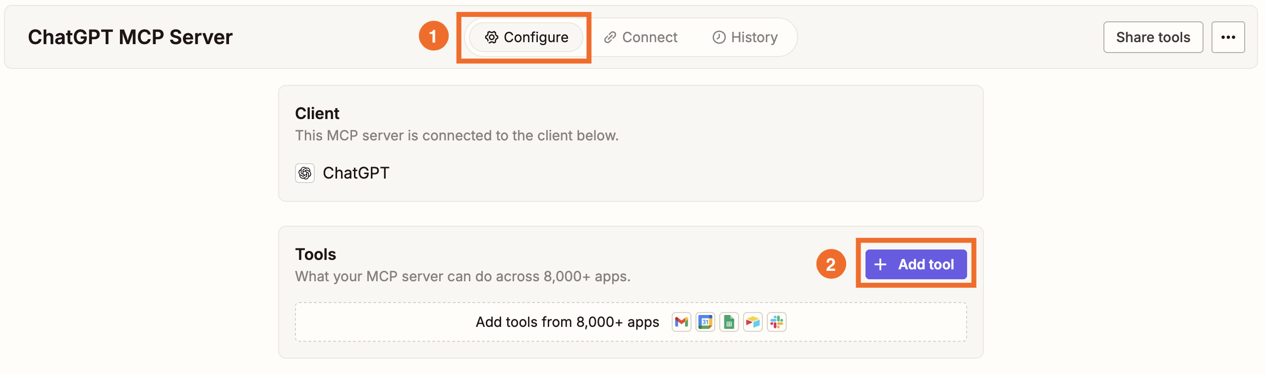 The Zapier MCP dashboard with the Configure tab and Add tool button highlighted