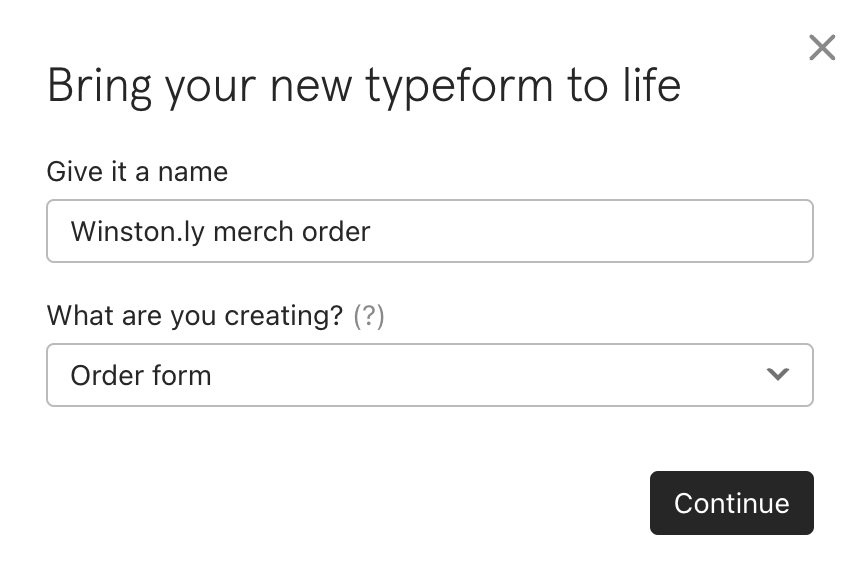 Typeform window with two fields for the form name and form type.