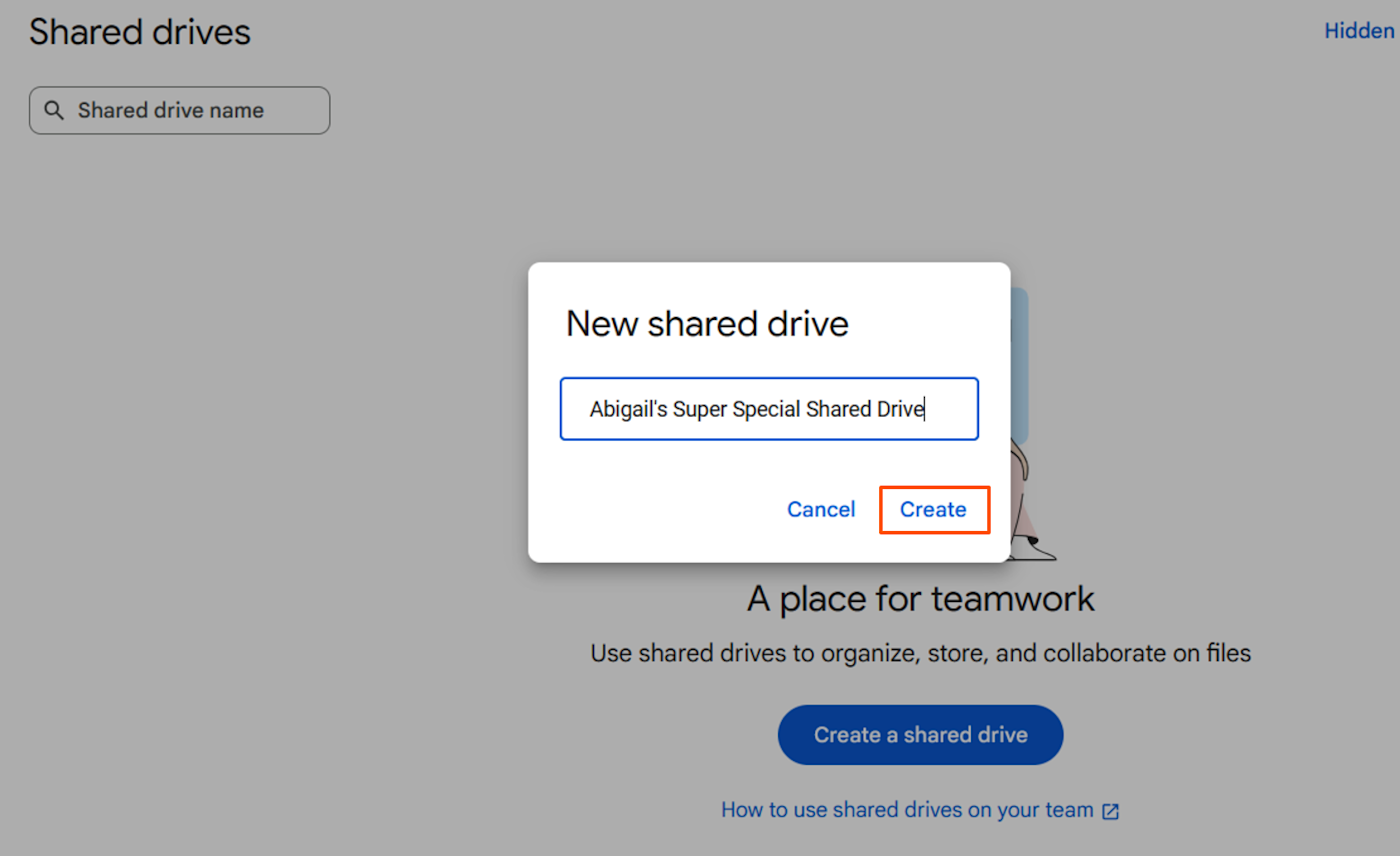 Screenshot of shared drive popup