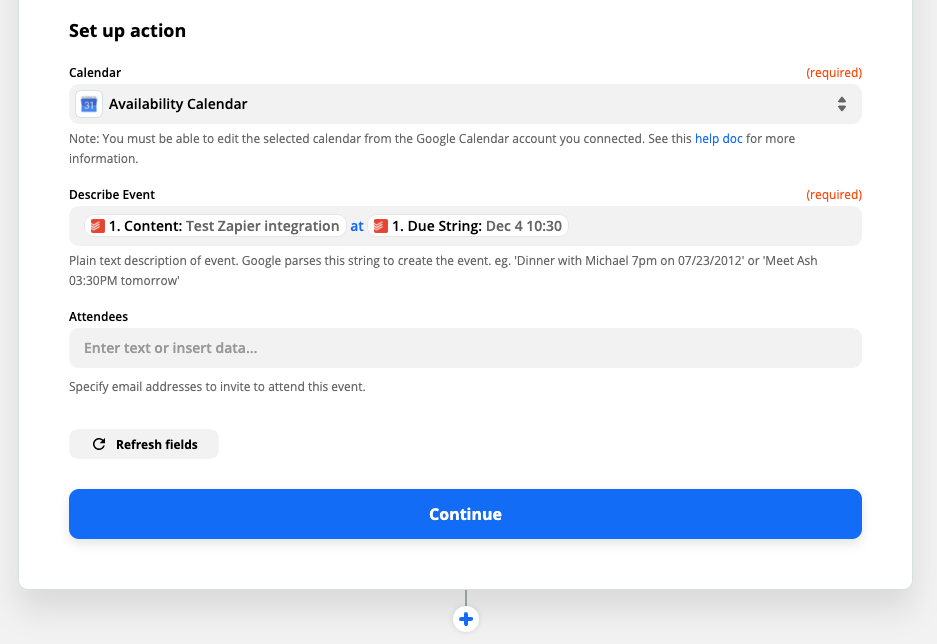 Setting up your action event in Zapier. Todoist fields for "content' and "Due String" are brought into the "Describe Event" area of the Zap editor.