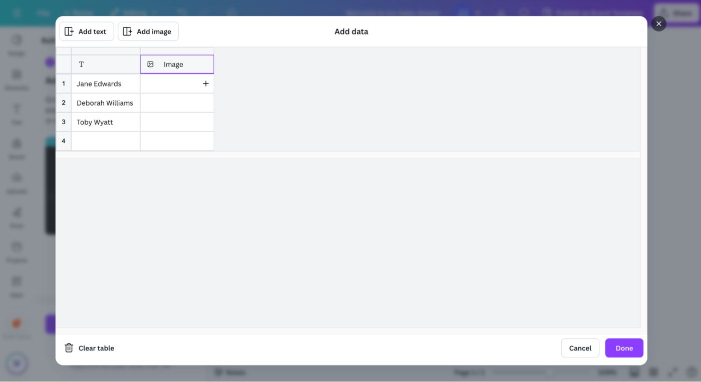Add data table in Canva. 