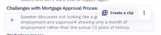 Partial view of a meeting transcript in tldv with the option to create a clip highlighted. 