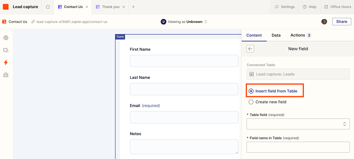 Screenshot of insert field from table