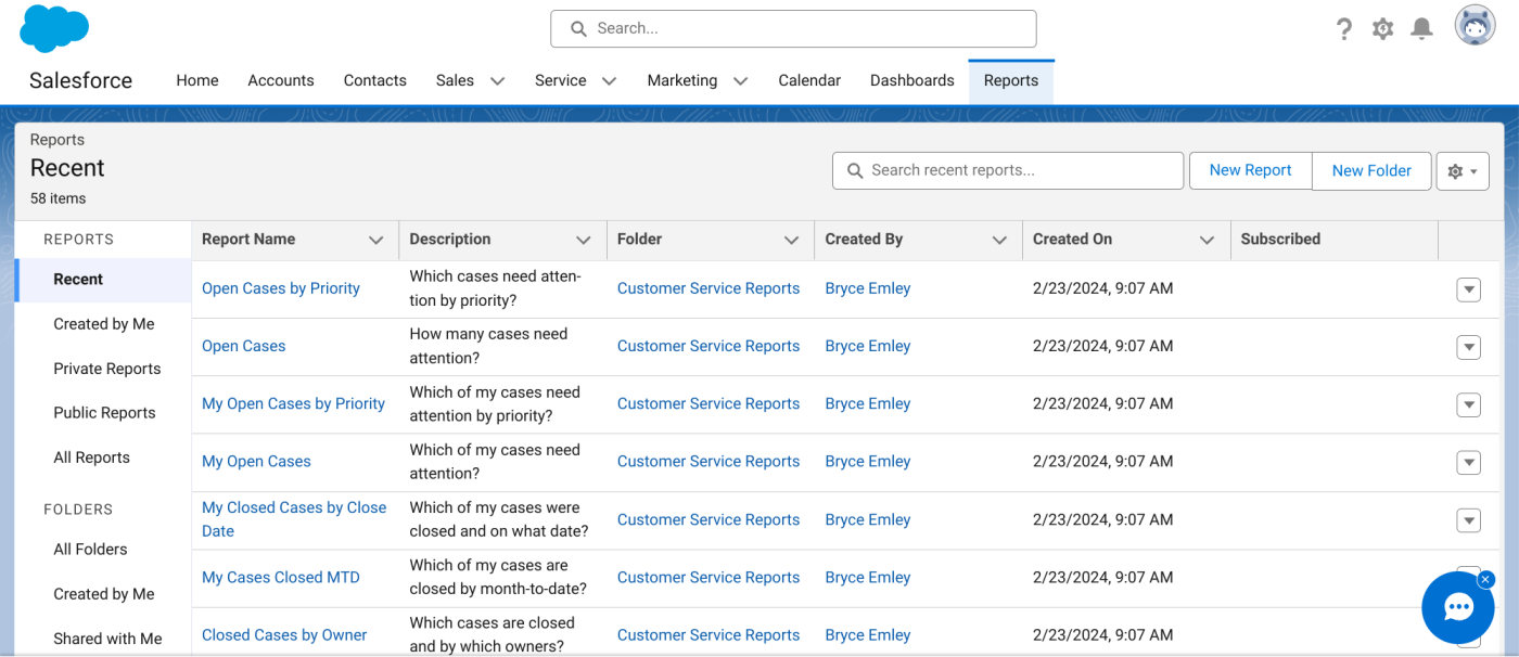 Screenshot of the reports dashboard in Salesforce 