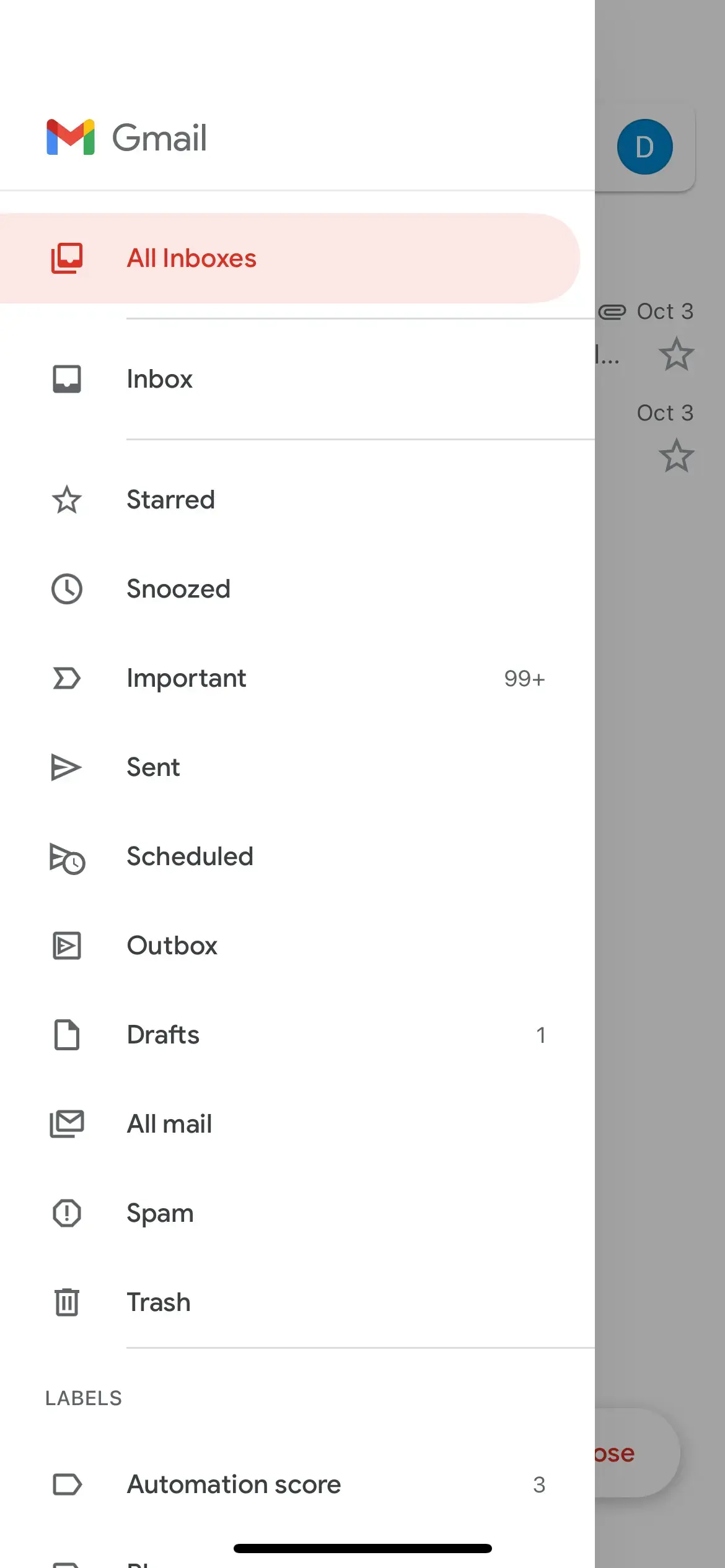 Screenshot of the All Inboxes option in Gmail