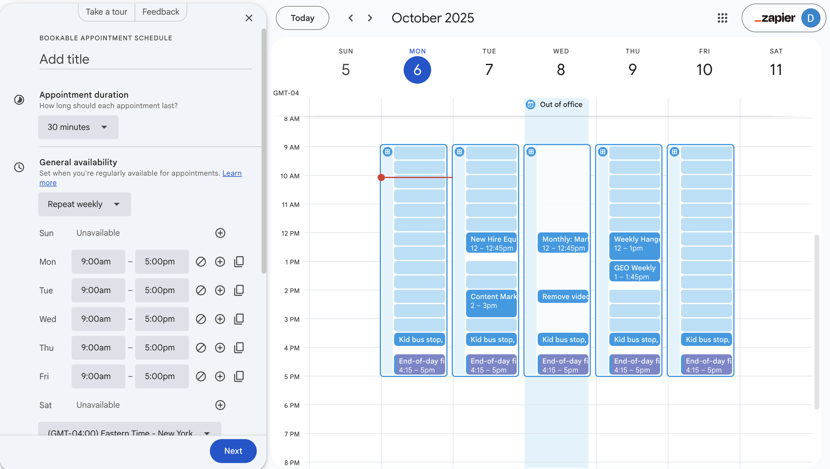 Panneau des paramètres de la planification des rendez-vous dans Google Agenda.